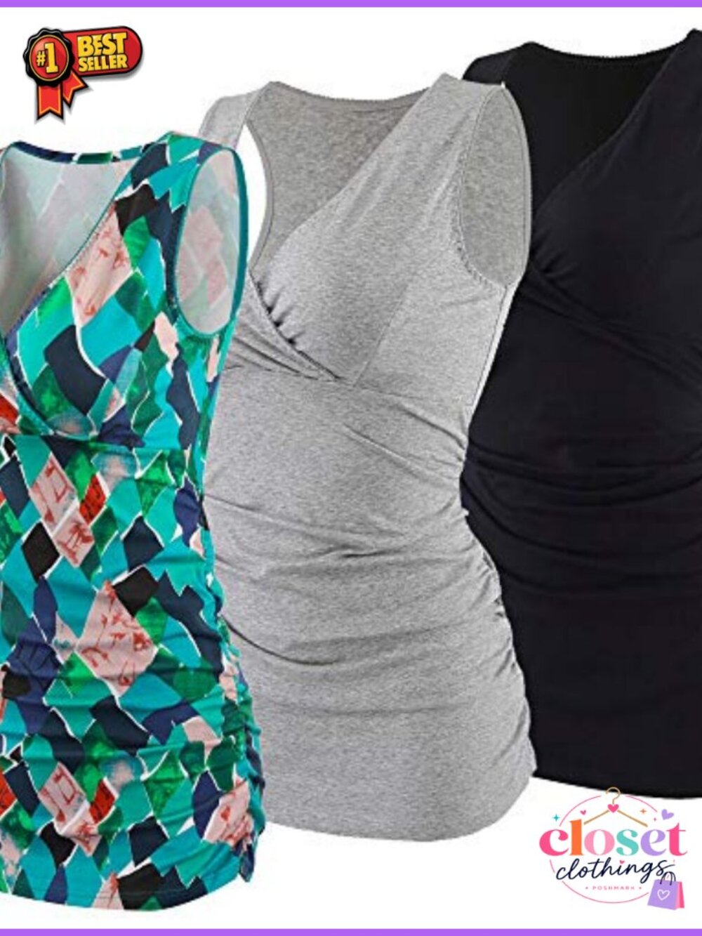 Cotton V Neck Maternity Nursing Tank Top Sleeveless Ruching Built-in Pockets